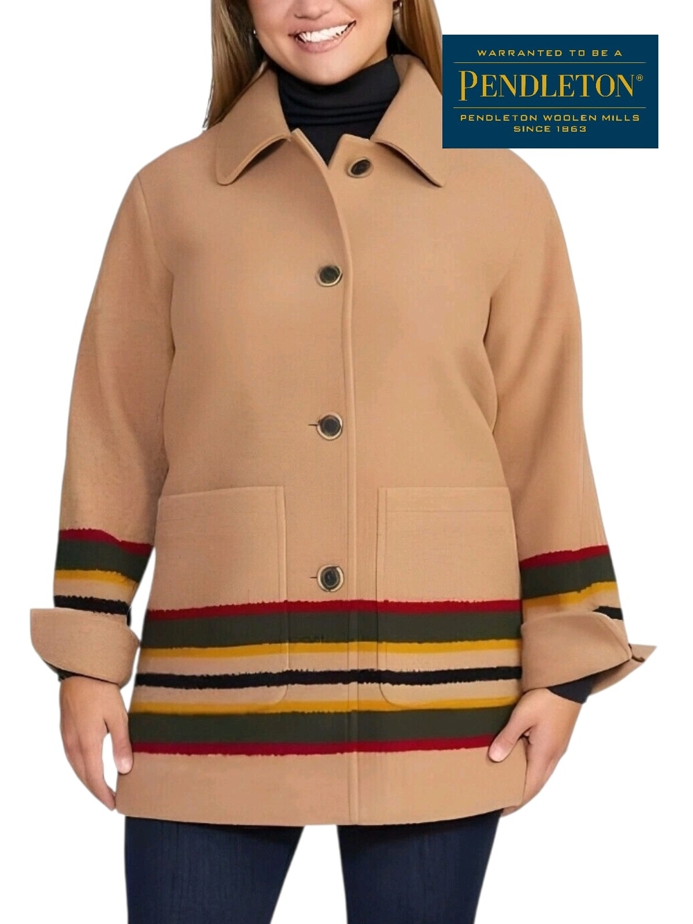 Pendleton Wool Topper Coat Camel Tan Striped Cuffs Hem Pockets Women Large NWOT - Picture 3 of 11